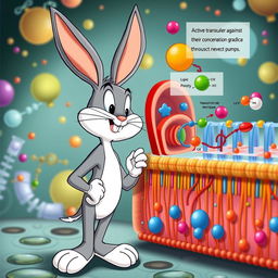 Bugs Bunny, the playful cartoon character, depicted observing the active transport process across a colorful and detailed cellular membrane