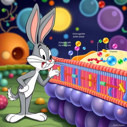 Bugs Bunny, the playful cartoon character, depicted observing the active transport process across a colorful and detailed cellular membrane