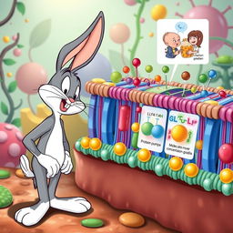 Bugs Bunny, the playful cartoon character, depicted observing the active transport process across a colorful and detailed cellular membrane