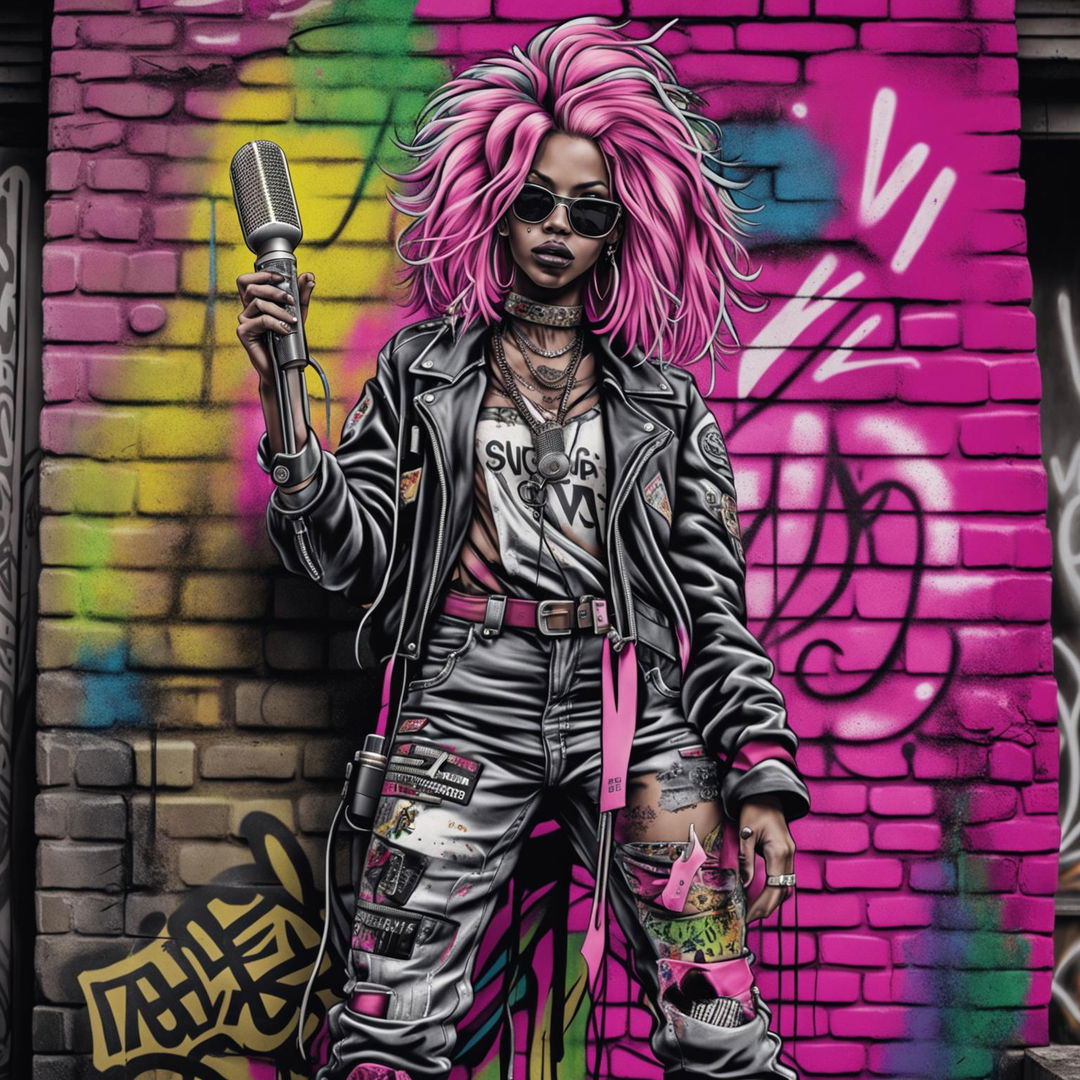 Grunge-style album cover featuring a trap girl in punk fashion leaning against a graffiti-covered wall. She holds a worn-out microphone and makes a peace sign. The album title is in spray paint-style font.