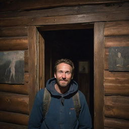 A tense hiker, encircled by eerie paintings with disturbing smiles, unable to sleep, located inside an aged, rustic cabin during a chilling night.