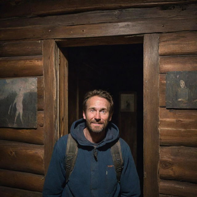 A tense hiker, encircled by eerie paintings with disturbing smiles, unable to sleep, located inside an aged, rustic cabin during a chilling night.