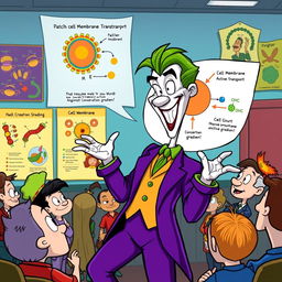 A vibrant and whimsical illustration of the Joker character, dressed in his classic purple suit with green accents, passionately explaining cell membrane active transport to a captivated audience of various cartoonish characters