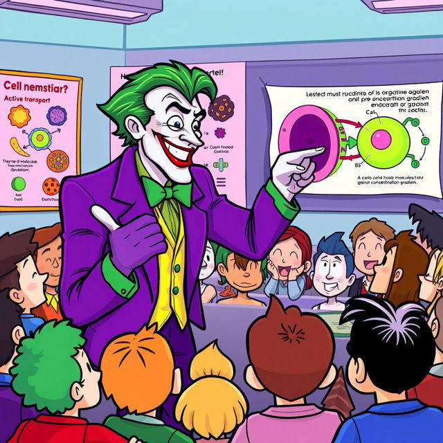 A vibrant and whimsical illustration of the Joker character, dressed in his classic purple suit with green accents, passionately explaining cell membrane active transport to a captivated audience of various cartoonish characters