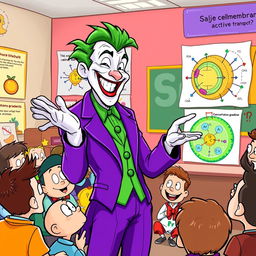 A vibrant and whimsical illustration of the Joker character, dressed in his classic purple suit with green accents, passionately explaining cell membrane active transport to a captivated audience of various cartoonish characters