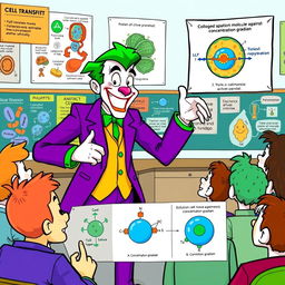 A vibrant and whimsical illustration of the Joker character, dressed in his classic purple suit with green accents, passionately explaining cell membrane active transport to a captivated audience of various cartoonish characters