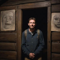 A tense hiker, encircled by eerie paintings with disturbing smiles, unable to sleep, located inside an aged, rustic cabin during a chilling night.