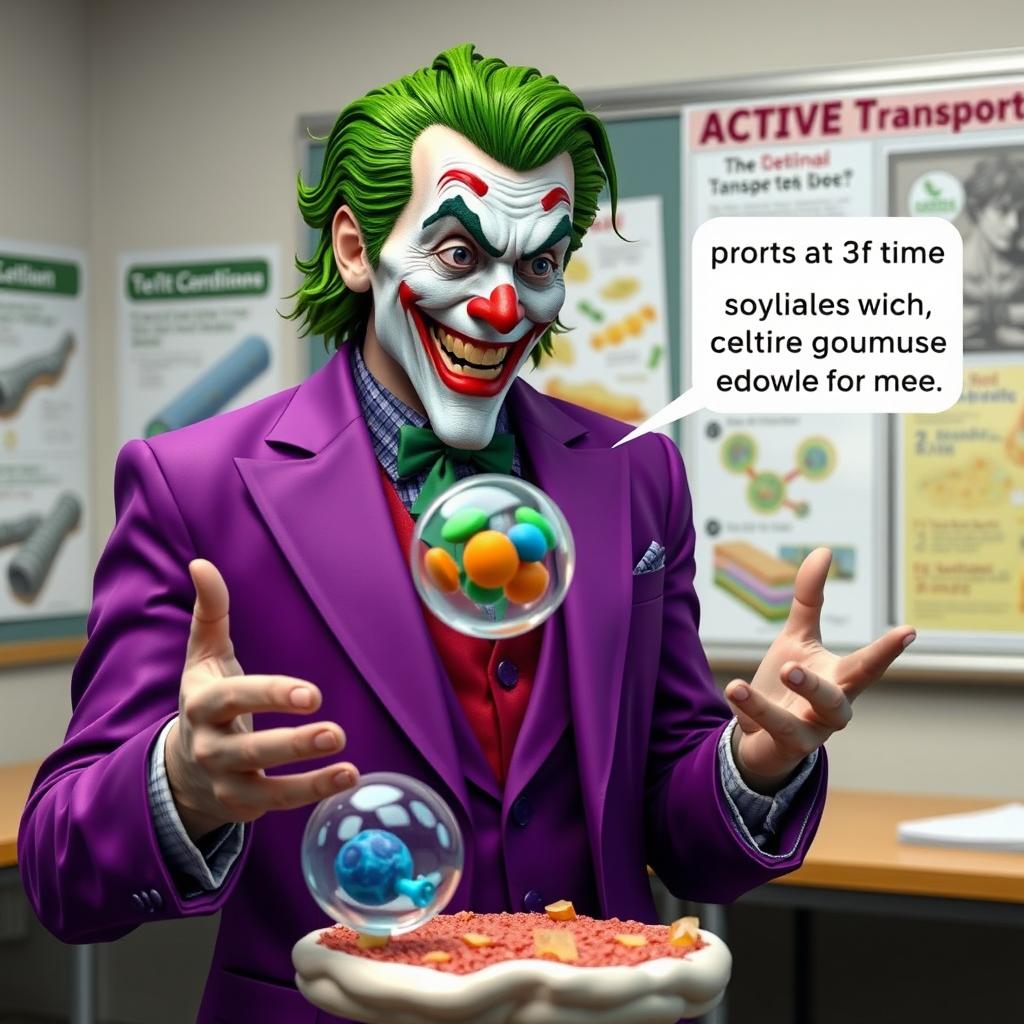 A highly detailed and realistic portrayal of the Joker character, with meticulous attention to his iconic features, including his vibrant purple suit and green hair, standing in a modern classroom setting