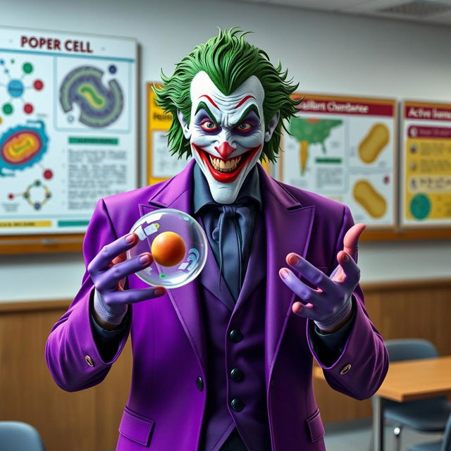 A highly detailed and realistic portrayal of the Joker character, with meticulous attention to his iconic features, including his vibrant purple suit and green hair, standing in a modern classroom setting