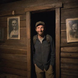 A tense hiker, encircled by eerie paintings with disturbing smiles, unable to sleep, located inside an aged, rustic cabin during a chilling night.