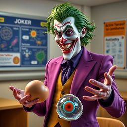 A highly detailed and realistic portrayal of the Joker character, with meticulous attention to his iconic features, including his vibrant purple suit and green hair, standing in a modern classroom setting