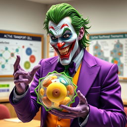 A highly detailed and realistic portrayal of the Joker character, with meticulous attention to his iconic features, including his vibrant purple suit and green hair, standing in a modern classroom setting