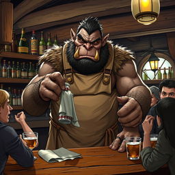 A humorous scene featuring a very large, burly orc bartender in a rustic tavern setting, meticulously cleaning a glass with a cloth