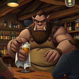 A humorous scene featuring a very large, burly orc bartender in a rustic tavern setting, meticulously cleaning a glass with a cloth