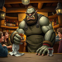 A humorous scene featuring a very large, burly orc bartender in a rustic tavern setting, meticulously cleaning a glass with a cloth