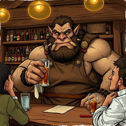 A humorous scene featuring a very large, burly orc bartender in a rustic tavern setting, meticulously cleaning a glass with a cloth