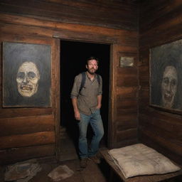 A tense hiker, encircled by eerie paintings with disturbing smiles, unable to sleep, located inside an aged, rustic cabin during a chilling night.