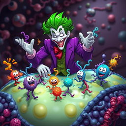 An artistic interpretation of the Joker character, featuring him in his signature purple suit with wild green hair, playfully interacting with channel proteins on a colorful cell membrane