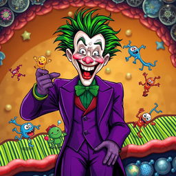 An artistic interpretation of the Joker character, featuring him in his signature purple suit with wild green hair, playfully interacting with channel proteins on a colorful cell membrane