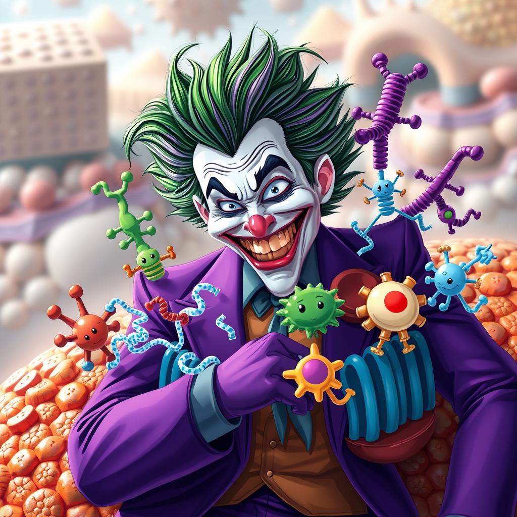 An artistic interpretation of the Joker character, featuring him in his signature purple suit with wild green hair, playfully interacting with channel proteins on a colorful cell membrane