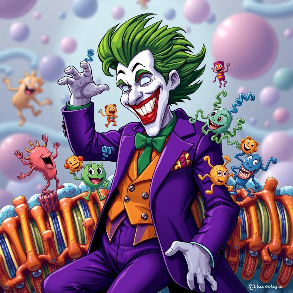 An artistic interpretation of the Joker character, featuring him in his signature purple suit with wild green hair, playfully interacting with channel proteins on a colorful cell membrane