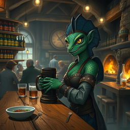 A captivating scene featuring a female Argonian tavern keeper standing behind a rustic wooden bar in a lively tavern