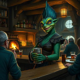 A captivating scene featuring a female Argonian tavern keeper standing behind a rustic wooden bar in a lively tavern