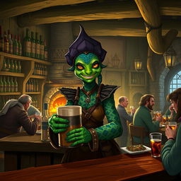 A captivating scene featuring a female Argonian tavern keeper standing behind a rustic wooden bar in a lively tavern