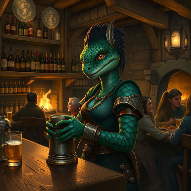 A captivating scene featuring a female Argonian tavern keeper standing behind a rustic wooden bar in a lively tavern