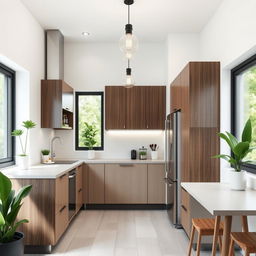 A modern, small kitchen design featuring sleek cabinetry, a minimalist aesthetic, and an efficient layout