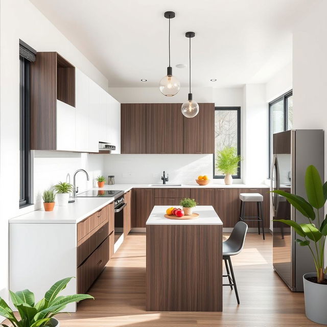 A modern, small kitchen design featuring sleek cabinetry, a minimalist aesthetic, and an efficient layout