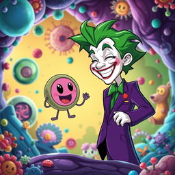 A fun and imaginative illustration of the Joker character, depicted with his iconic purple suit and wild green hair, joyfully greeting an adorable cartoon animal cell