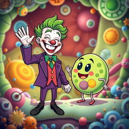 A fun and imaginative illustration of the Joker character, depicted with his iconic purple suit and wild green hair, joyfully greeting an adorable cartoon animal cell