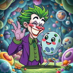 A fun and imaginative illustration of the Joker character, depicted with his iconic purple suit and wild green hair, joyfully greeting an adorable cartoon animal cell