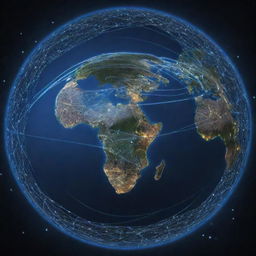 A detailed drawing representing the concept of global networking, featuring interconnected nodes symbolizing cities, undersea cables depicted as highways, and satellites in space, all unified in a globe shape.