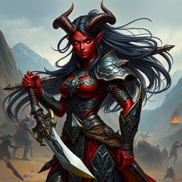 An impressive portrayal of a female tiefling warrior, standing confidently in a dynamic pose