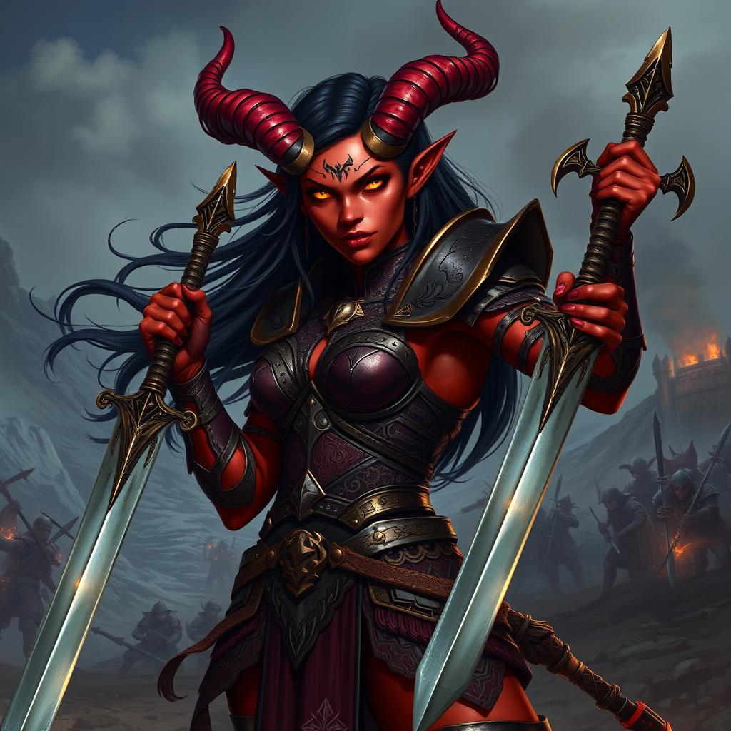 An impressive portrayal of a female tiefling warrior, standing confidently in a dynamic pose