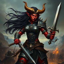 An impressive portrayal of a female tiefling warrior, standing confidently in a dynamic pose