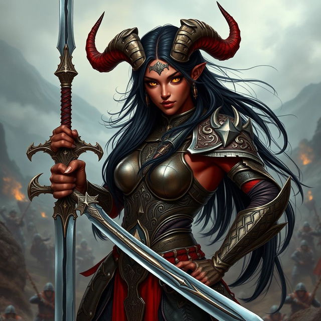 An impressive portrayal of a female tiefling warrior, standing confidently in a dynamic pose