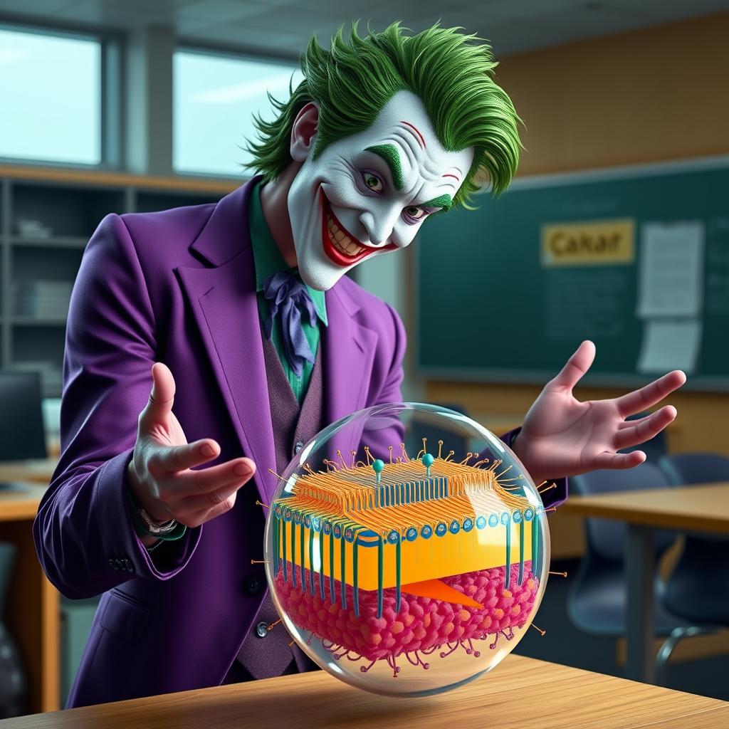 A highly detailed and realistic portrayal of the Joker character, featuring his iconic purple suit and wild green hair, standing in a modern classroom setting