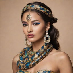 A graceful snake adorned with aesthetic elements of traditional world cultures. Its scales shimmer in patterns inspired by diverse ethnic textiles, jewellery, and body art, creating a stunning parade of culture and fashion.