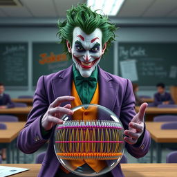 A highly detailed and realistic portrayal of the Joker character, featuring his iconic purple suit and wild green hair, standing in a modern classroom setting