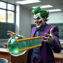 A highly detailed and realistic portrayal of the Joker character, featuring his iconic purple suit and wild green hair, standing in a modern classroom setting