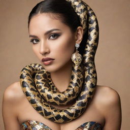 A graceful snake adorned with aesthetic elements of traditional world cultures. Its scales shimmer in patterns inspired by diverse ethnic textiles, jewellery, and body art, creating a stunning parade of culture and fashion.