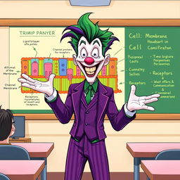 A vivid illustration of the Joker character, dressed in his iconic purple suit with wild green hair, energetically explaining the functions of the cell membrane in a classroom setting