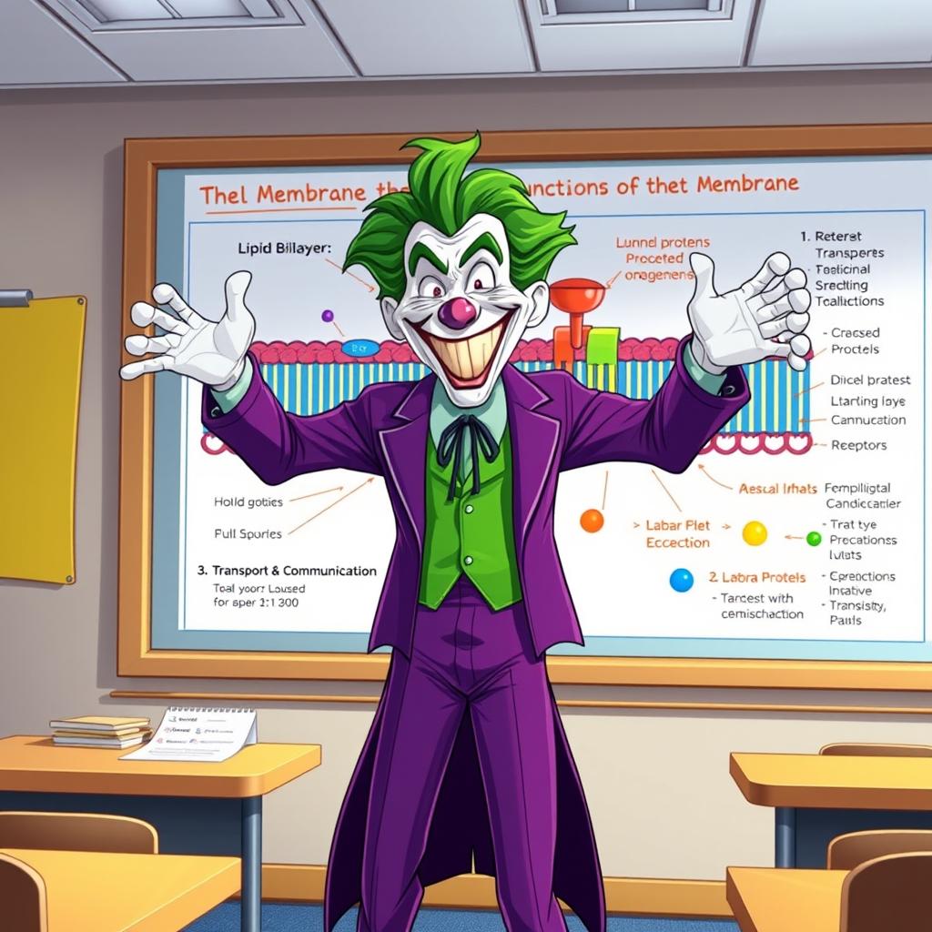 A vivid illustration of the Joker character, dressed in his iconic purple suit with wild green hair, energetically explaining the functions of the cell membrane in a classroom setting