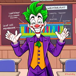 A vivid illustration of the Joker character, dressed in his iconic purple suit with wild green hair, energetically explaining the functions of the cell membrane in a classroom setting