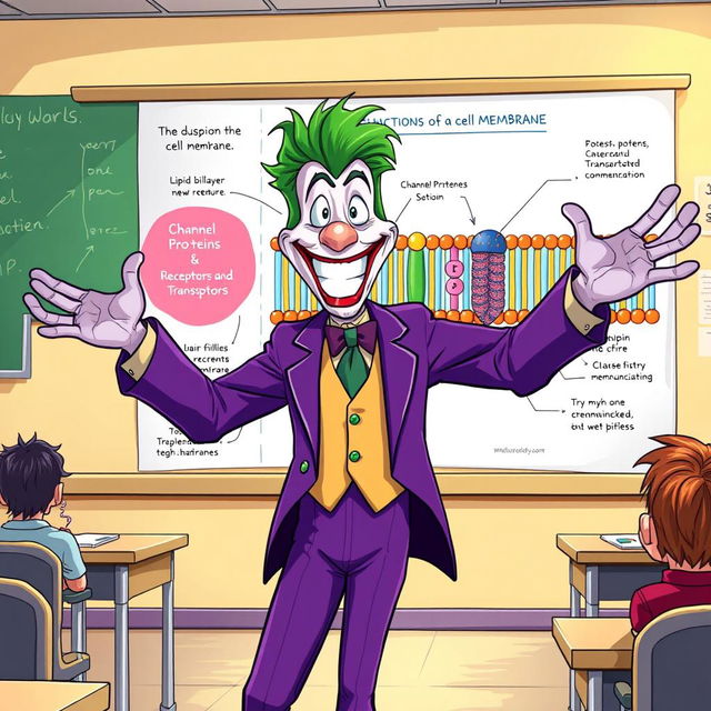 A vivid illustration of the Joker character, dressed in his iconic purple suit with wild green hair, energetically explaining the functions of the cell membrane in a classroom setting