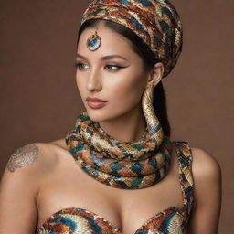 A graceful snake adorned with aesthetic elements of traditional world cultures. Its scales shimmer in patterns inspired by diverse ethnic textiles, jewellery, and body art, creating a stunning parade of culture and fashion.