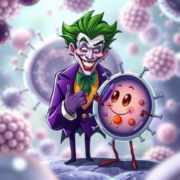 A semi-realistic illustration of the Joker character, showcasing his iconic purple suit and wild green hair, warmly greeting a detailed, semi-realistic animal cell